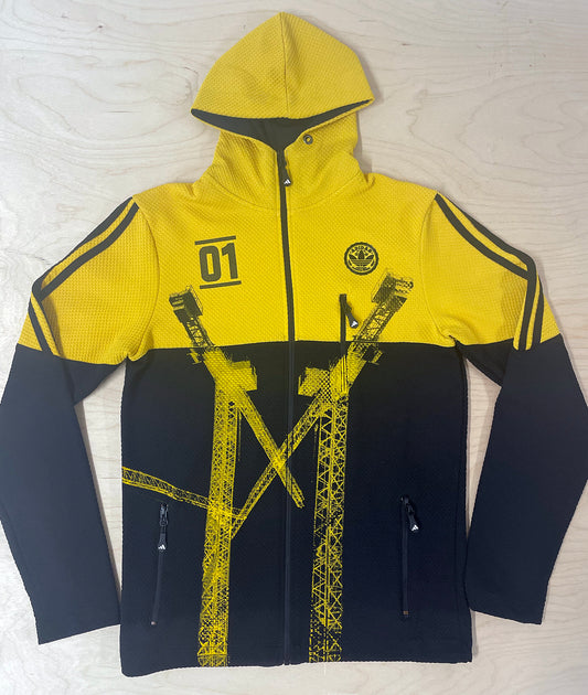 Yellow and black hooded top with black and yellow cranes, Small, 38'' chest