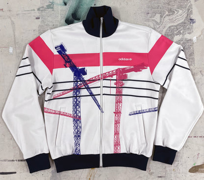 White trackie with pinks and blue cranes, Small 40'' chest