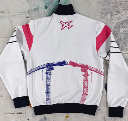 White trackie with pinks and blue cranes, Small 40'' chest