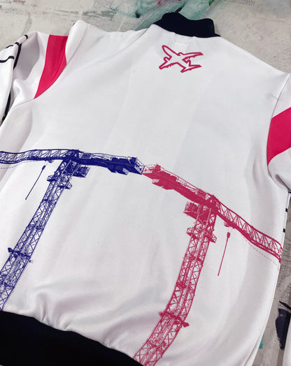 White trackie with pinks and blue cranes, Small 40'' chest