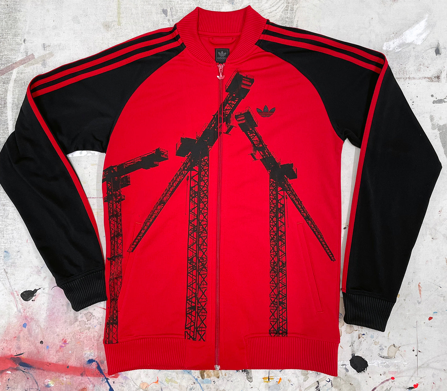 Red trackie with black cranes, Small 40'' chest