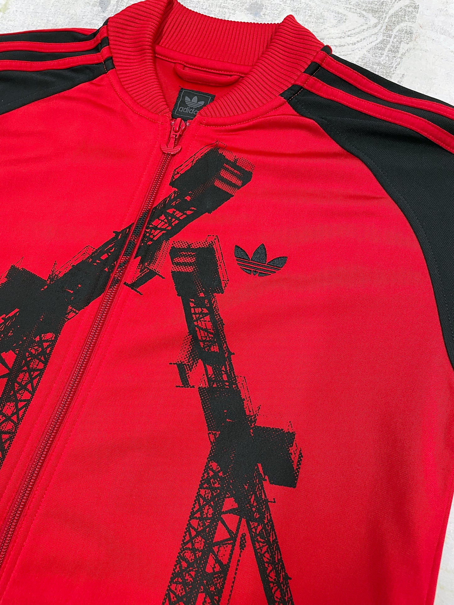 Red trackie with black cranes, Small 40'' chest